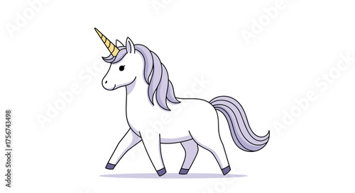 A whimsical white unicorn with a purple mane and tail walks across a white background.