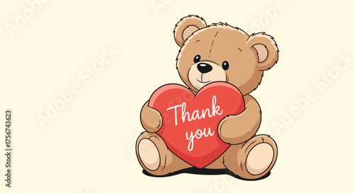 A cute teddy bear holding a red heart with thank you written on it.