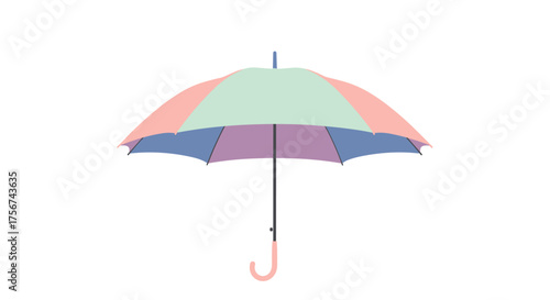 A colorful umbrella with pastel colored panels opened on a white background.