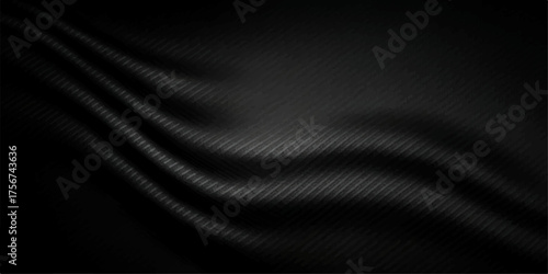 Elegant, dark blue, flowing satin fabric texture with a luxurious black silk wave pattern for a smooth backdrop