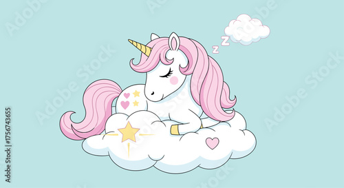 A cute sleeping unicorn rests on a fluffy cloud surrounded by stars.