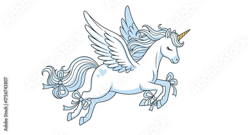 A majestic winged unicorn soars gracefully through the sky with its flowing mane and tail.