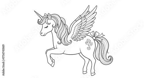 A beautiful outline drawing of a winged unicorn with its eyes closed.