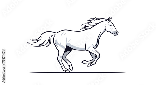 A graceful white horse gallops across a plain with its mane and tail flowing.