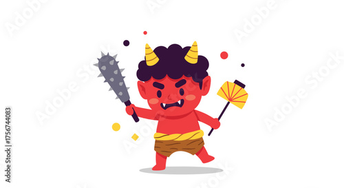 A cute red oni with horns holding a spiked club and a fan.