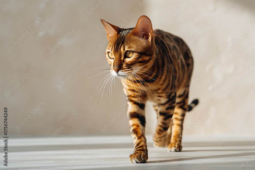 Naklejka premium Bengal cat portrait, walking on a floor in a bright room with neutral background