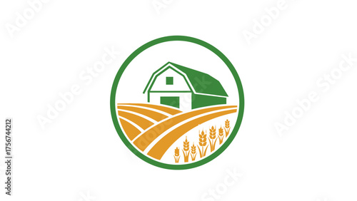 Farm Barn Field Wheat Agriculture Landscape Circle Logo Vector.
