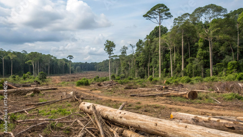 Rainforest Deforestation Scene with Cleared Land and Fallen Trees
