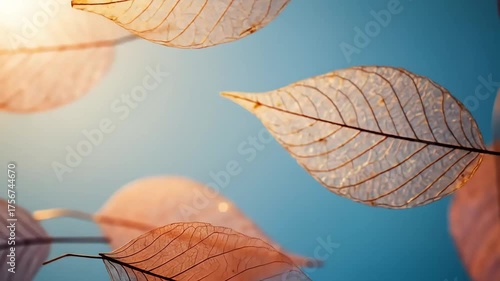 Macro Pan of Transparent Autumn Leaves Against Soft Blue Gradient