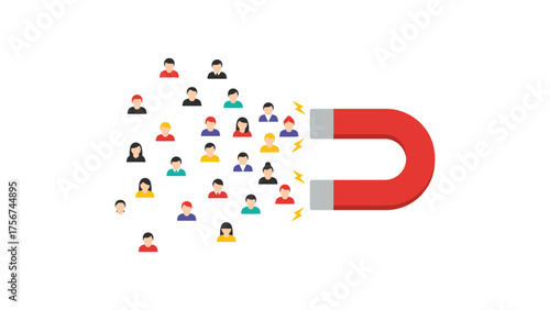 A flat vector magnet attracting vibrant flat icons of customers, symbolizes customer engagement, brand attraction, and interactive marketing strategy.