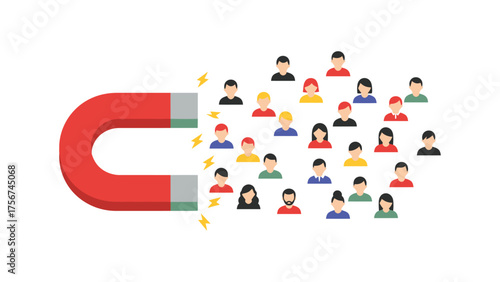 A flat vector magnet attracting vibrant flat icons of customers, symbolizes customer engagement, brand attraction, and interactive marketing strategy.
