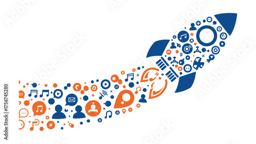 A sleek flat vector rocket made of abstract social media icons, blasting off with colorful geometric trails, on pure white background , symbolizes viral growth, digital marketing, and brand expansion