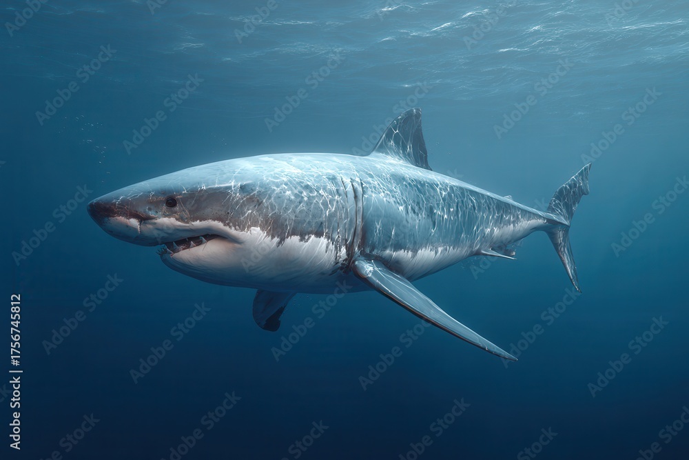 Fototapeta premium Majestic white shark gliding effortlessly through the deep blue ocean waters showcasing its powerful form and predatory grace as it navigates beneath the surface at midday