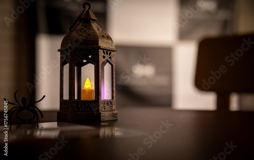Candle burning in classic lantern next to spider ring on table at halloween party