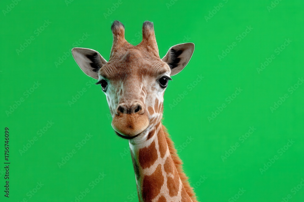 Naklejka premium Curious giraffe looks directly at the camera with a vibrant green background in a serene atmosphere during daylight