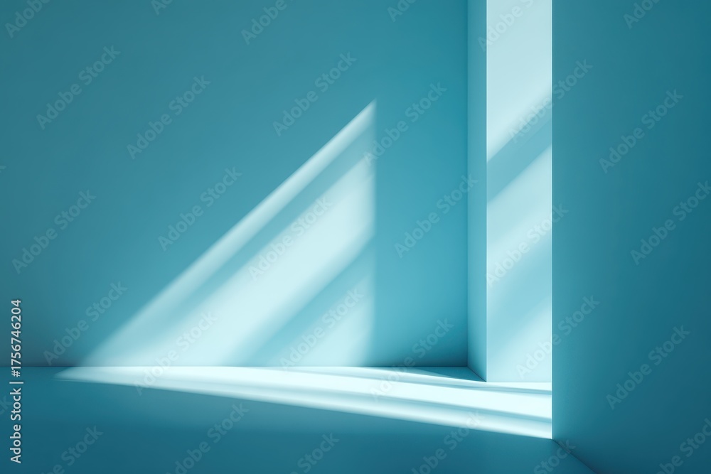 Fototapeta premium Soft light casting gentle shadows in a serene, light blue interior space with clean lines and a tranquil atmosphere during daytime