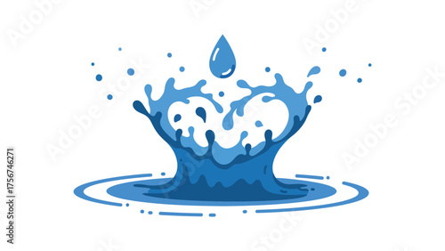 Flat vector droplet falling into water, splash forming a perfect heart shape, blue and light grey on pure white background , purity and emotion fusion concept.