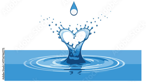 Flat vector droplet falling into water, splash forming a perfect heart shape, blue and light grey on pure white background , purity and emotion fusion concept.