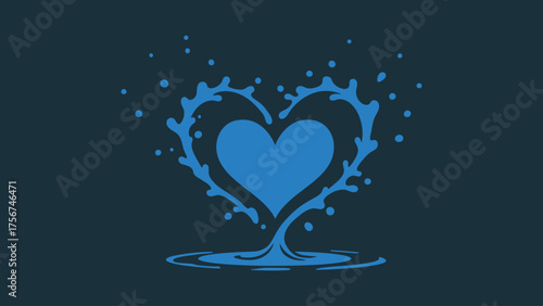 Flat vector droplet falling into water, splash forming a perfect heart shape, purity and emotion fusion concept.