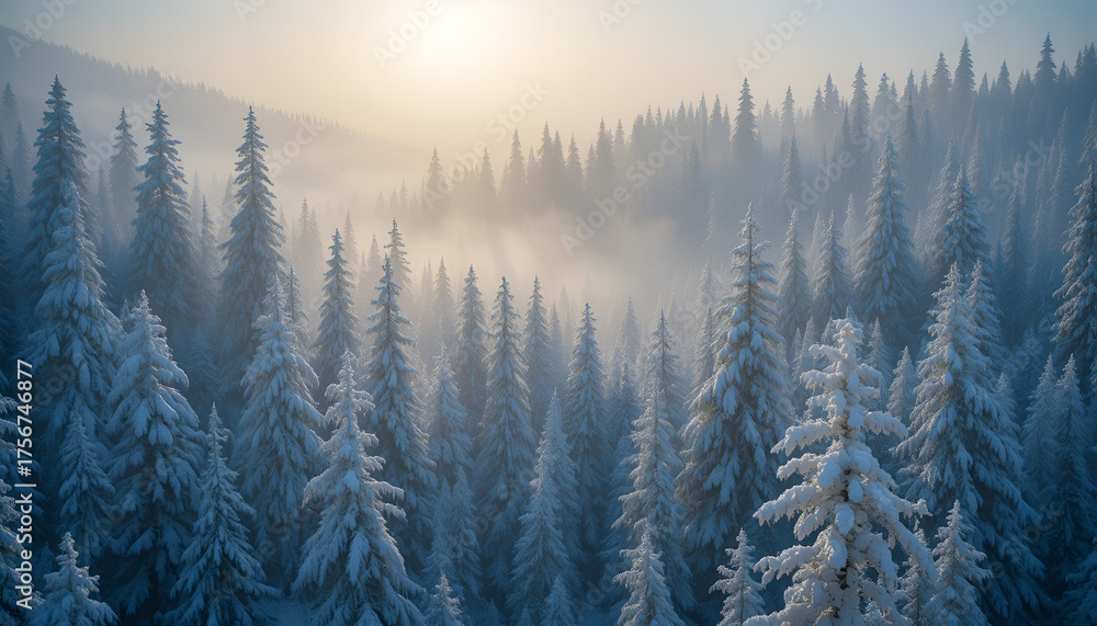 Fototapeta premium Snowy Pine Forest in Winter Fog