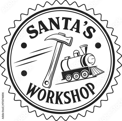 Santa's workshop emblem featuring a train hammer and circular border design, Christmas Stamp SVG, Posted Stamp SVG