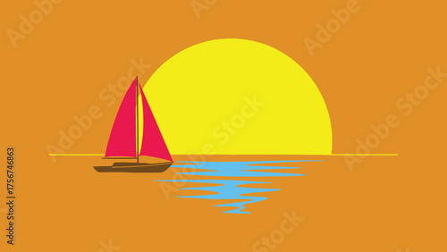 Flat vector of a lone small sailboat floating under a rising sun,  peace solitude and hope.
