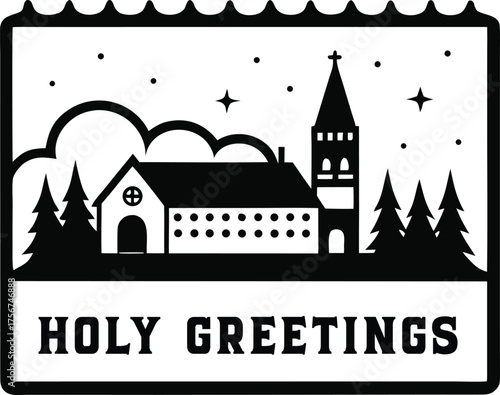 Wallpaper Mural A simple black and white illustration of a church and winter landscape, Posted Stamp SVG Torontodigital.ca