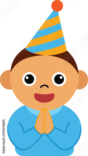 Joyful toddler in party hat clapping with excitement