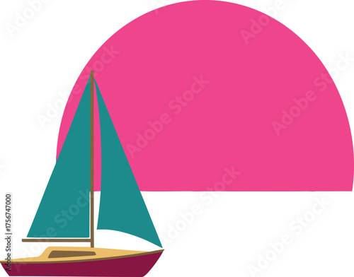 Flat vector of a lone small sailboat floating under a rising sun,  peace solitude and hope.