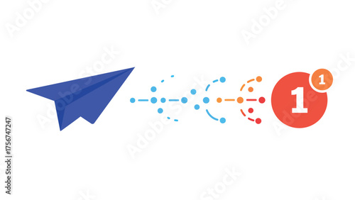 Flat vector of a paper airplane transforming into a digital notification icon , symbol of modern communication and digital marketing evolution, on pure white background.