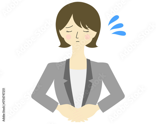 汗をかいて謝罪する女性　ボブ外はね
Sweaty woman apologizing with bob hair