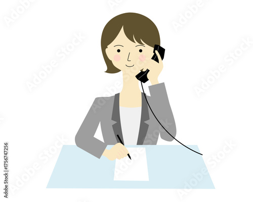 電話対応する女性　ボブ外はね
Woman answering the phone with bob hair