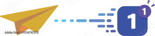 Flat vector of a paper airplane transforming into a digital notification icon , symbol of modern communication and digital marketing evolution, on pure white background.