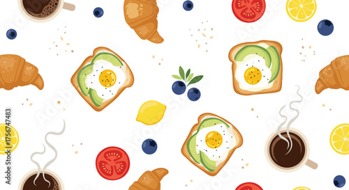A delightful breakfast pattern featuring toast eggs avocados coffee croissants and berries.