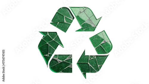 Green recycling symbol made of broken glass pieces, isolated on a transparent background