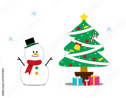 Cute Christmas Illustration (Snowman, Tree, Presents) – no text, transparent background（クリスマスイラスト） 