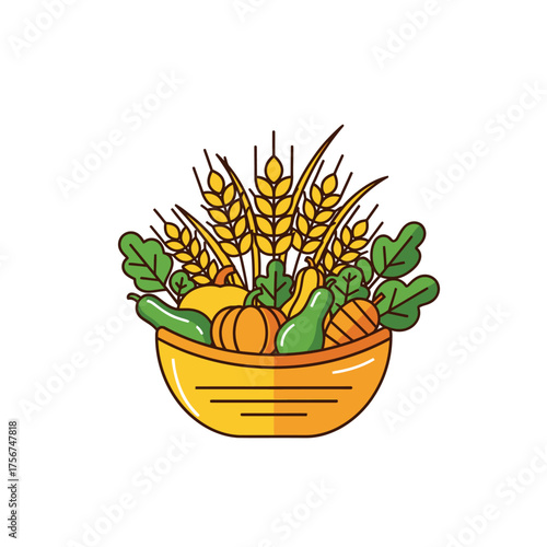 Abundant Harvest Basket Filled with Fresh Vegetables and Wheat Ears