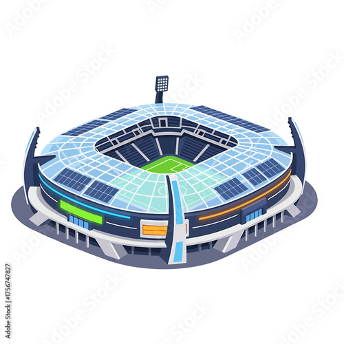 Modern open-air sports stadium with a sleek, futuristic design featuring solar panels and a brightly lit field for events