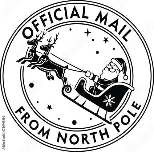Santa Claus and reindeer in a sleigh, official mail from the North Pole, Christmas Stamp SVg