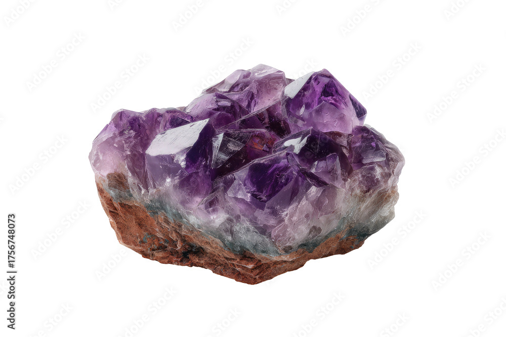 Fototapeta premium Purple amethyst crystal cluster on matrix against black background