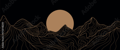 Abstract Mountain Range at Sunset with Wavy Lines in Black and Gold