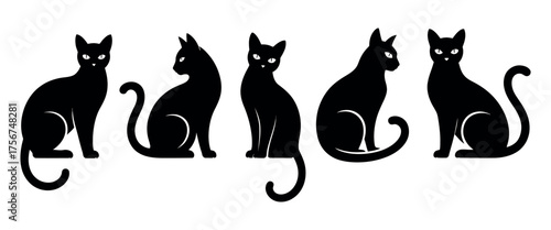 Five stylized black cats in different poses against a white background, a visual representation of feline grace and mystery