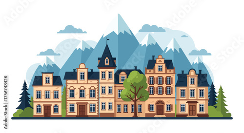 Charming European town nestled beneath majestic snowy mountains and cloudy skies.