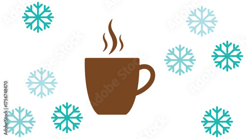 Flat vector of a steaming coffee mug placed beside a small snowflake, minimalist design on white background, cozy winter warmth feeling.