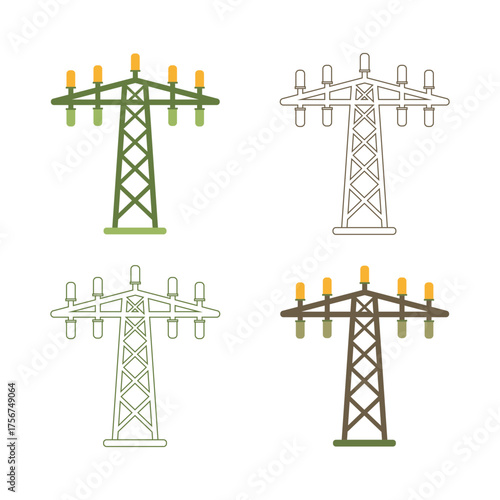 Four illustrations of a green electricity pylon with wires and insulators on a white background