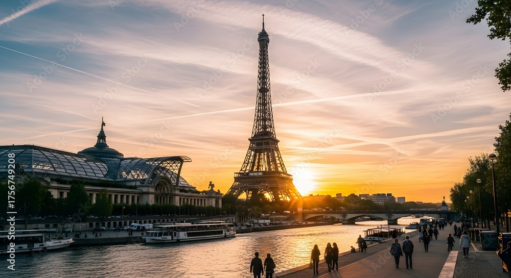 Naklejka premium Iconic Eiffel Tower illuminated by a golden sunset over the Seine River, with people strolling along the embankment and boats on the water, showcasing Parisian grandeur.