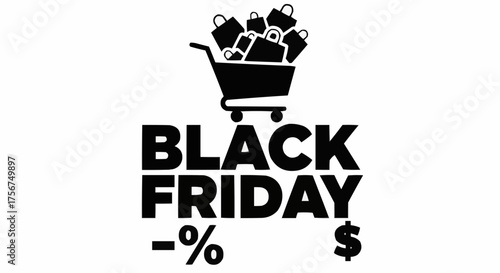 Black Friday shopping frenzy, bold sale promotion with shopping cart and bags