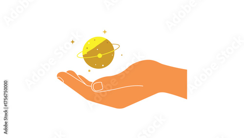 Flat vector open hand holding a tiny floating planet with a ring, protection and universal care concept.