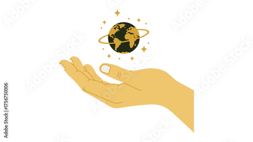 Flat vector open hand holding a tiny floating planet with a ring, protection and universal care concept.