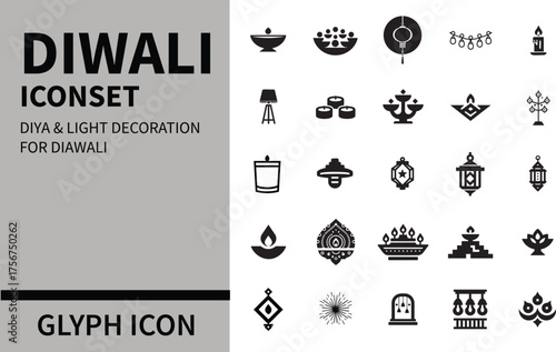 Collection of diwali related glyph icons including a diya and light decorations isolated on white background